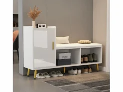 Sale Merax Banco zapatero con 1 puerta, 2 nichos y cojín - patas y tiradores de metal dorado - - 120 x 35 x 68,5 cm Blanco