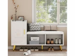 Sale Merax Banco zapatero con 1 puerta, 2 nichos y cojín - patas y tiradores de metal dorado - - 120 x 35 x 68,5 cm Blanco