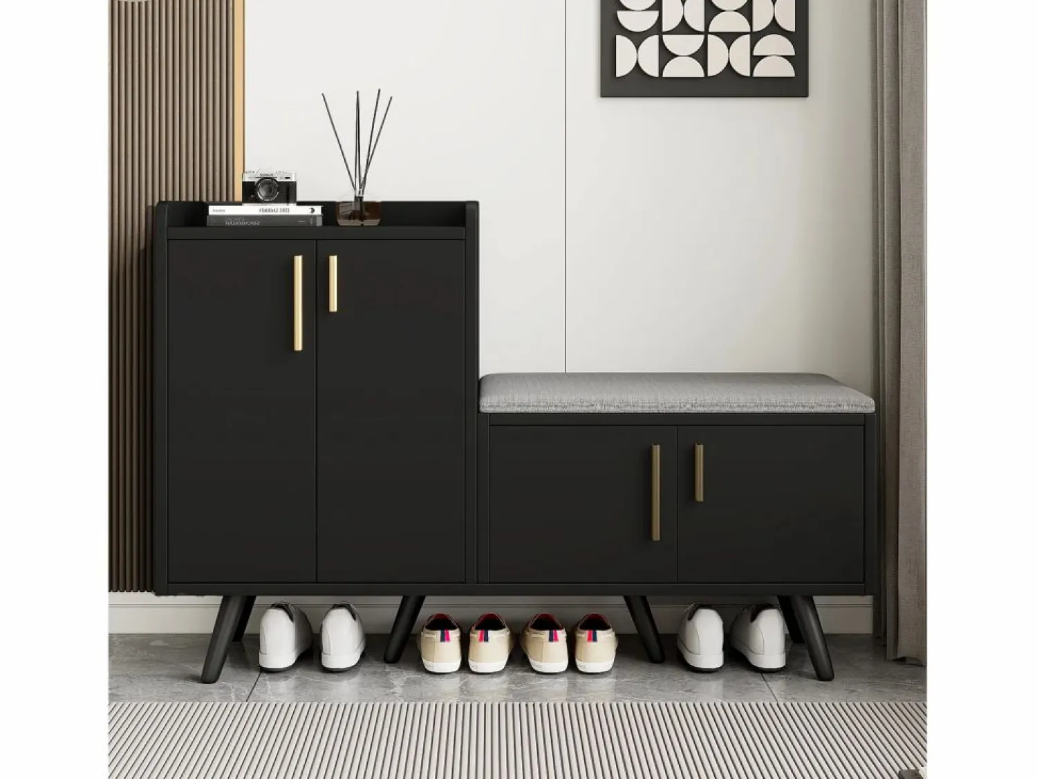 Banco zapatero moderno con 4 puertas y cojín - patas y tiradores de metal - color - 120 x 34 x 82 cm Zapatero|Mueble De Almacenaje