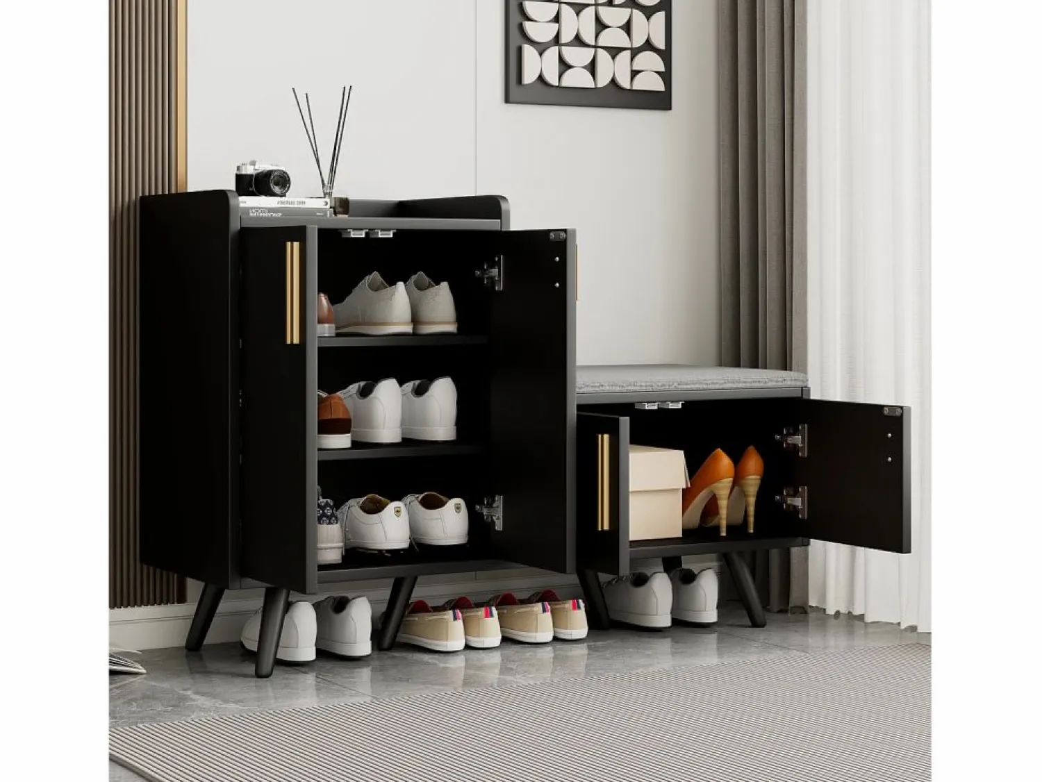 Banco zapatero moderno con 4 puertas y cojín - patas y tiradores de metal - color - 120 x 34 x 82 cm Zapatero|Mueble De Almacenaje