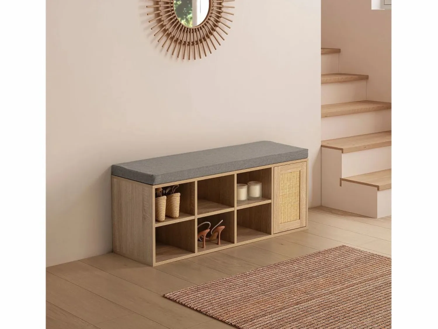 Banco zapatero Rafael Color Roble 6 Huecos y 1 Puerta Zapatero|Mueble De Almacenaje