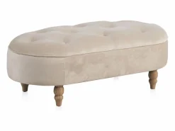 Banqueta tapizada con tejido aterciopelado beig y patas madera
