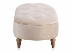 Banqueta tapizada con tejido aterciopelado beig y patas madera