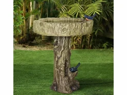 Baño para pájaros de hormigón con efecto madera y pájaro decorativo, resistente a la intemperie (46x46x62 cm)