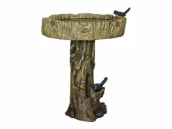 Baño para pájaros de hormigón con efecto madera y pájaro decorativo, resistente a la intemperie (46x46x62 cm)