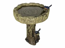 Baño para pájaros de hormigón con efecto madera y pájaro decorativo, resistente a la intemperie (46x46x62 cm)