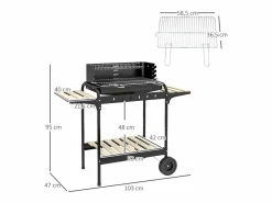 Best Barbacoa de carbón con ahumador, parrilla regulable, estante de madera, carro móvil de acero (103x47x95cm) Barbacoa