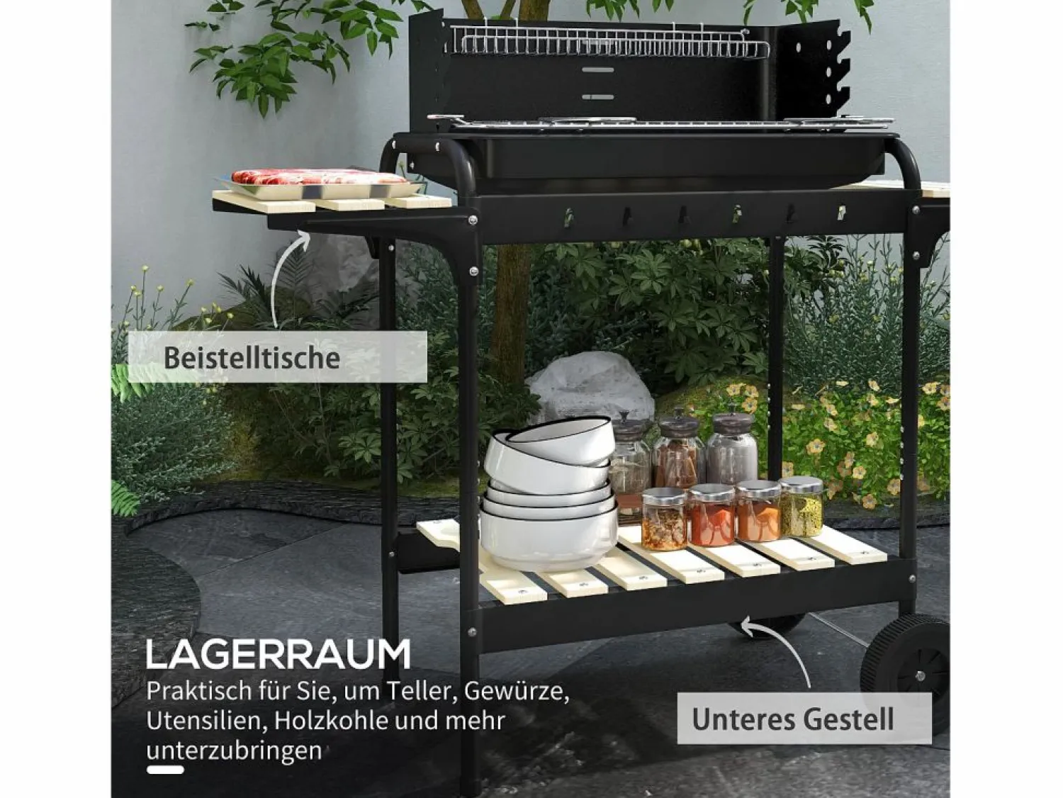 Best Barbacoa de carbón con ahumador, parrilla regulable, estante de madera, carro móvil de acero (103x47x95cm) Barbacoa