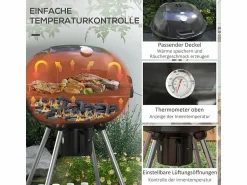 Best Barbacoa de carbón, con parrilla, ruedas, estante, cenicero y termómetro integrado, metal (65x55x89 cm) Barbacoa