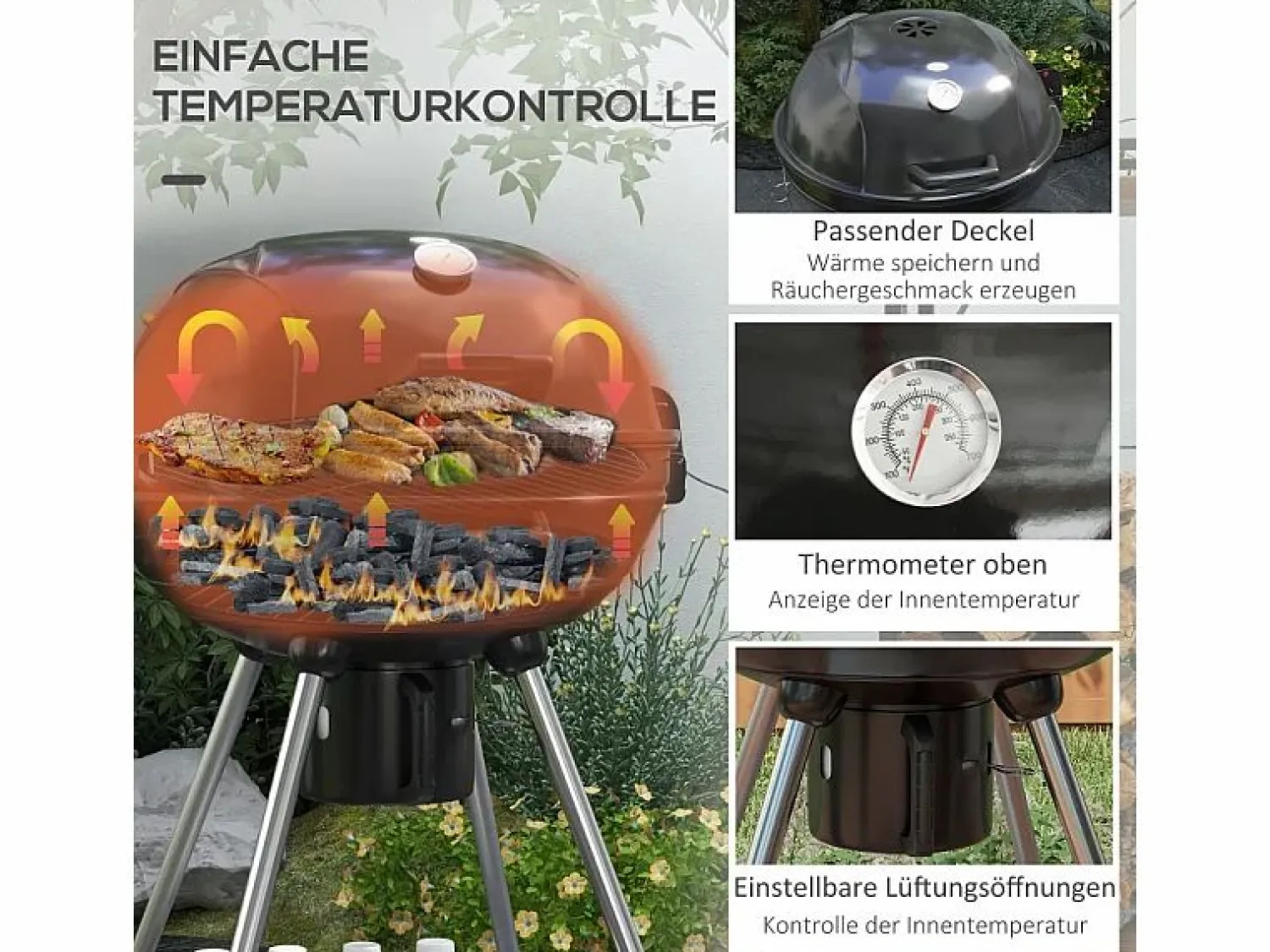Best Barbacoa de carbón, con parrilla, ruedas, estante, cenicero y termómetro integrado, metal (65x55x89 cm) Barbacoa