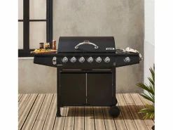 Clearance Barbacoa de gas con 6 quemadores + 1 quemador lateral con ruedas, Negro