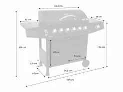 Clearance Barbacoa de gas con 6 quemadores + 1 quemador lateral con ruedas, Negro