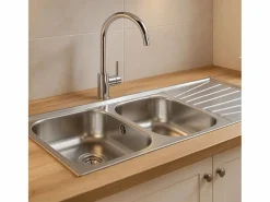 Discount Essebagno Basico Fregadero de 2 cubetas y 1 escurridor de acero inoxidable con tela microestructurada Teka Bronce