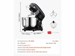 Best Batidora de Pie SucceBuy, Batidora Eléctrica de 5.68L y 1400 W con Cuenco de Acero Inoxidable, Gancho, Batidor, Mezclador, Raspador, Negro Plateado