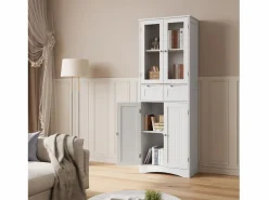 Bealife Armario Alto de Cocina 170 cm - Mueble con 4 Puertas de Vidrio, 2 Cajones y Estantes Regulables para Almacenamiento