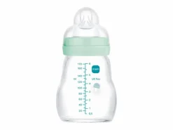 Biberón de vidrio MAM 170 ml con tetina de silicona SkinSoft flujo 1, cuello ancho, anti-fugas, 0-6 meses