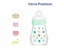 Biberón de vidrio MAM 170 ml con tetina de silicona SkinSoft flujo 1, cuello ancho, anti-fugas, 0-6 meses