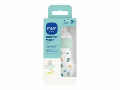 Biberón de vidrio MAM 170 ml con tetina de silicona SkinSoft flujo 1, cuello ancho, anti-fugas, 0-6 meses