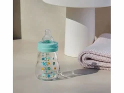 Biberón de vidrio MAM 170 ml con tetina de silicona SkinSoft flujo 1, cuello ancho, anti-fugas, 0-6 meses