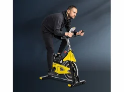 Bicicleta estática de altura regulable con transmisión por correa, pantalla LCD, acero y ABS, amarilla (45,5x100x101-113cm)
