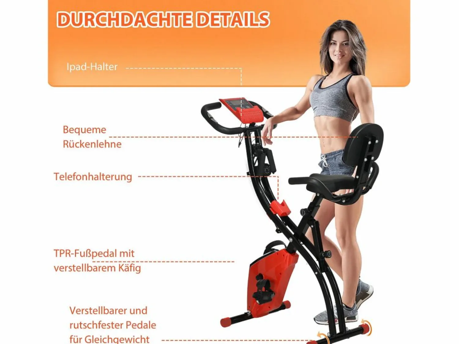 Outlet Bicicleta estática plegable 2 en 1 con pantalla LCD y resistencia magnética de 8 niveles, acero, color rojo (105 x 48 x 118 cm) Bicicleta Estática