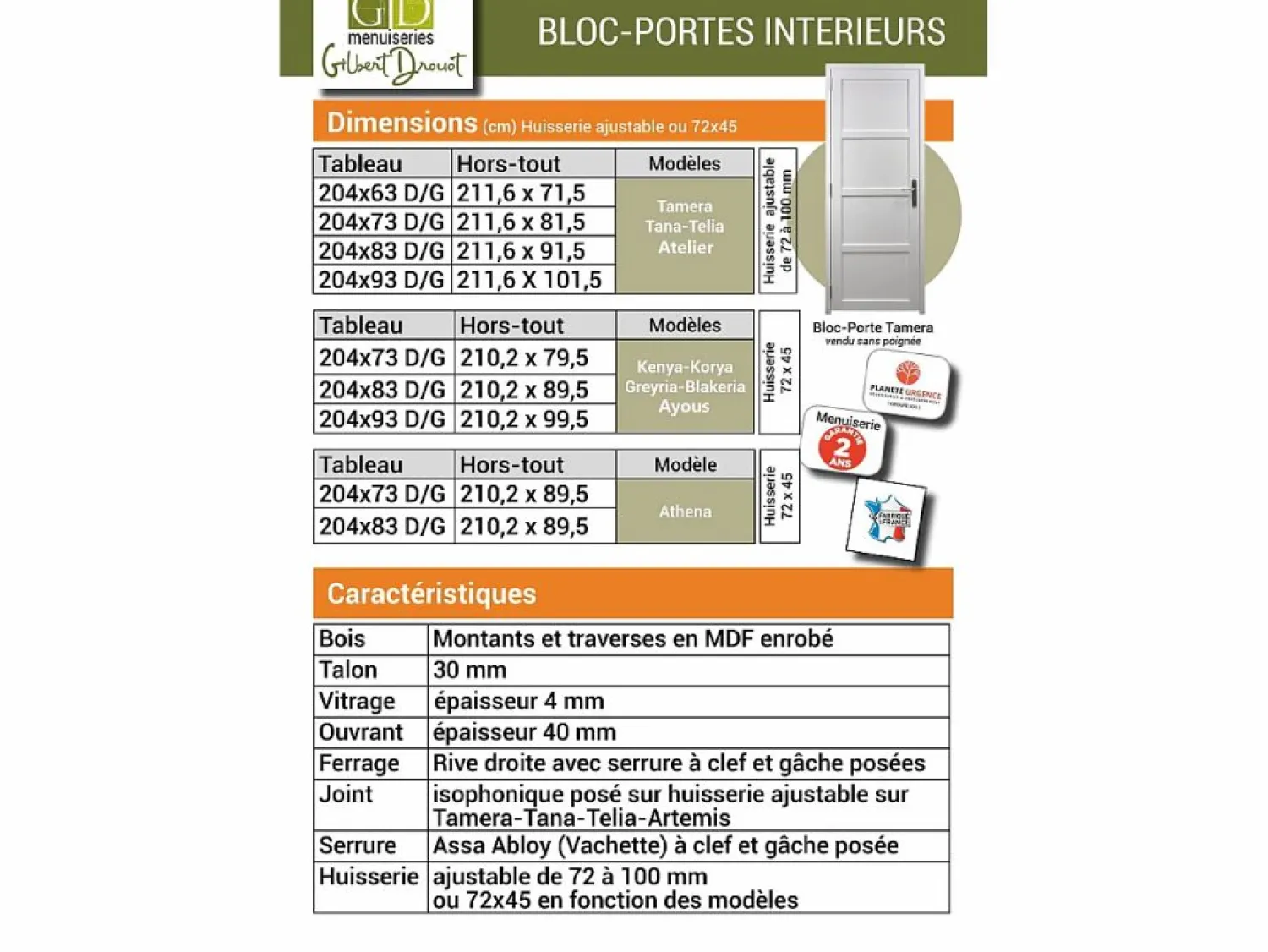 Hot GD Menuiseries Bloque de Puerta Korya 3 paneles H204 x L73 Empujando Derecha Dimensiones Tabla Blanco