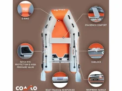COASTO Bote inflable DS 290 - 4 plazas - 290x140cm - Dropstitch Alta Presión - 2 remos 1 bomba 1 bolsa de transporte -