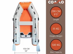 COASTO Bote inflable DS 290 - 4 plazas - 290x140cm - Dropstitch Alta Presión - 2 remos 1 bomba 1 bolsa de transporte -