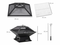 Brasero de jardín con rejilla para asar, protección contra chispas, acero, (45 x 45 x 34 cm) Barbacoa