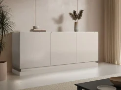 Sale Buffet 3 puertas con LEDs en MDF - Beige y efecto mármol blanco - DEVIKA Aparador