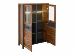 Meublorama Buffet alto WINDSOR en roble oscuro y gris antracita - 2 puertas grandes - 97 x 138 x 37 cm