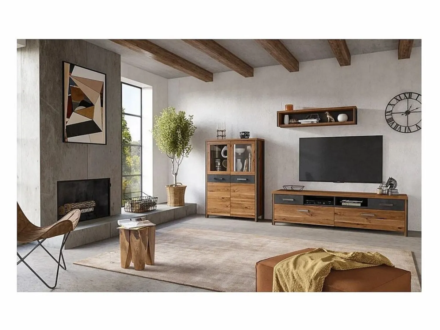 Meublorama Buffet alto WINDSOR en roble oscuro y gris antracita - 2 puertas grandes - 97 x 138 x 37 cm