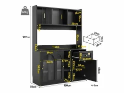 Best ModernLuxe Buffet de cocina 120×35×167 cm - con iluminación LED - 1 cajón y 5 puertas - estantes ajustables - Negro