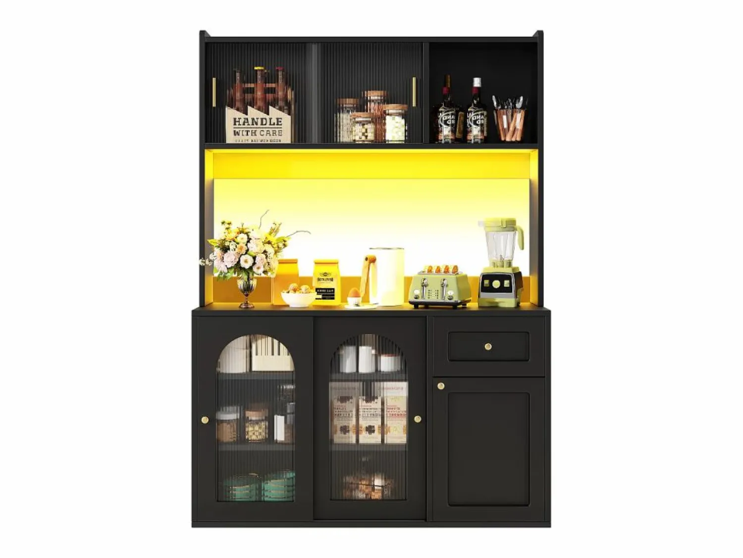 Best ModernLuxe Buffet de cocina 120×35×167 cm - con iluminación LED - 1 cajón y 5 puertas - estantes ajustables - Negro