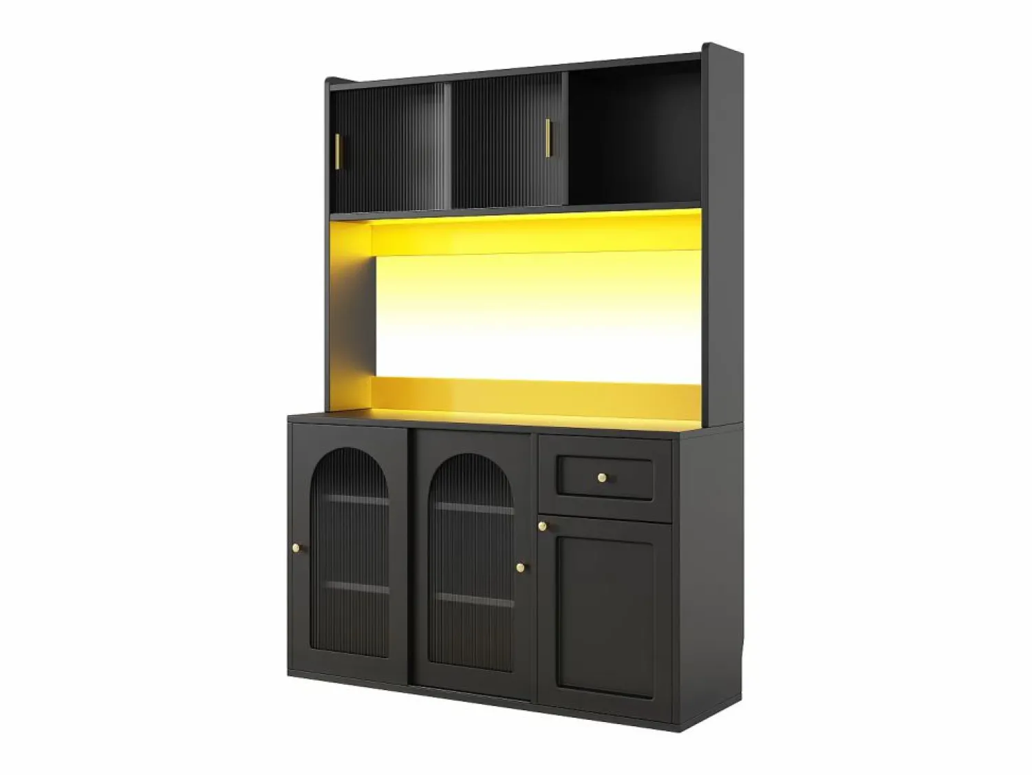 Best ModernLuxe Buffet de cocina 120×35×167 cm - con iluminación LED - 1 cajón y 5 puertas - estantes ajustables - Negro