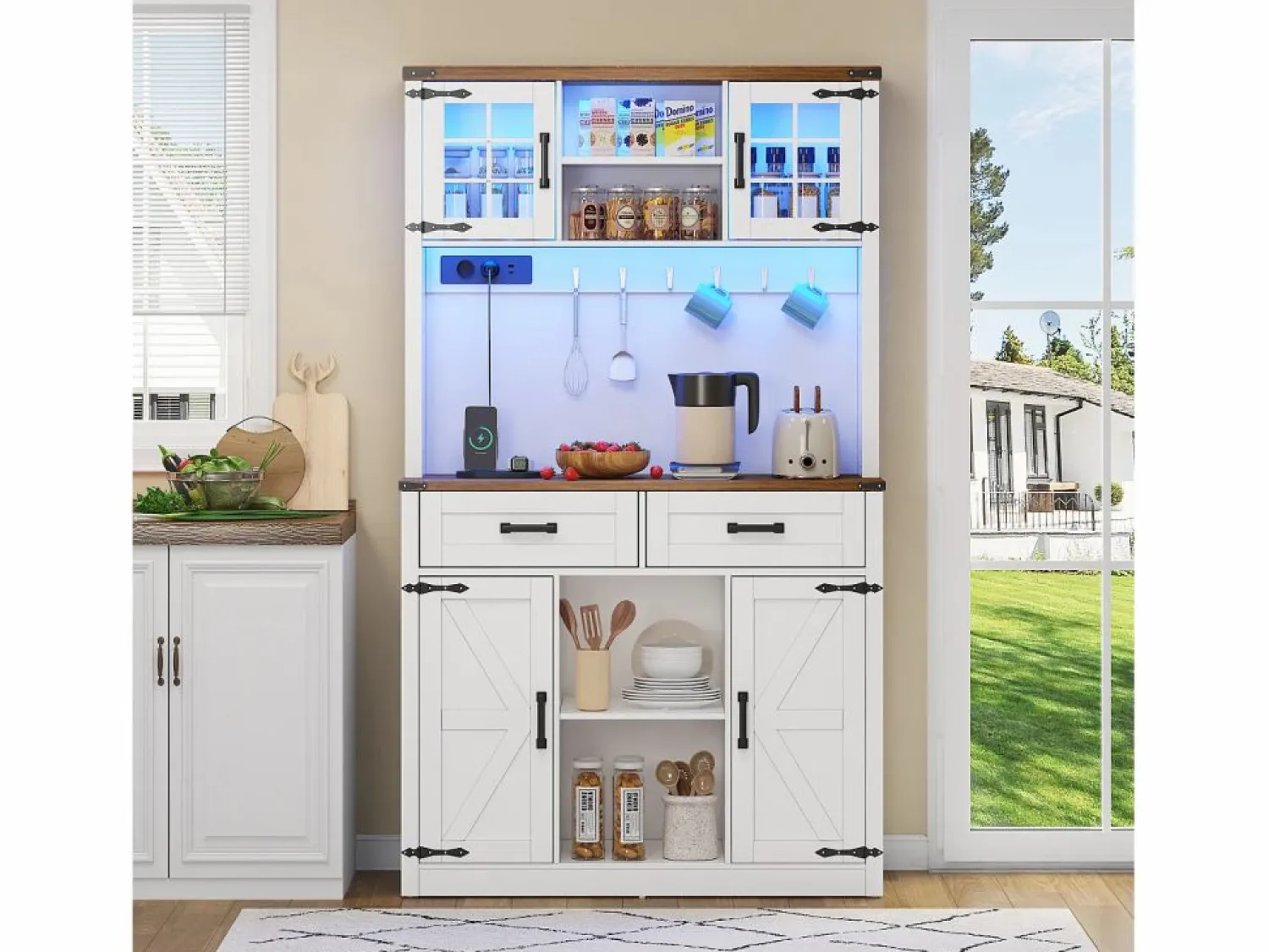 ModernLuxe Buffet de cocina 100×40×172 cm - con USB y enchufe - con LED - 4 puertas y 1 cajón - +natural