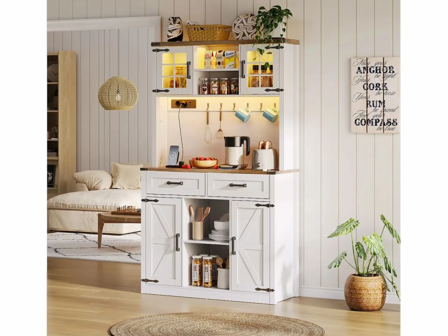ModernLuxe Buffet de cocina 100×40×172 cm - con USB y enchufe - con LED - 4 puertas y 1 cajón - +natural