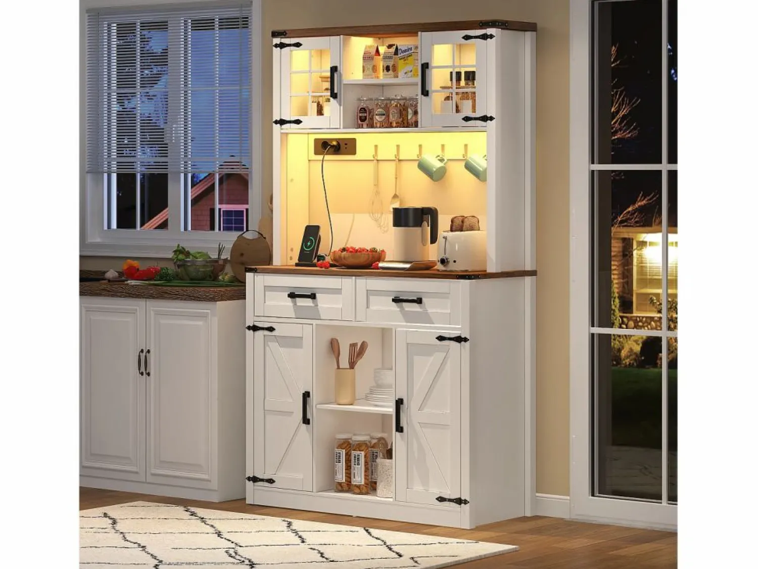 ModernLuxe Buffet de cocina 100×40×172 cm - con USB y enchufe - con LED - 4 puertas y 1 cajón - +natural