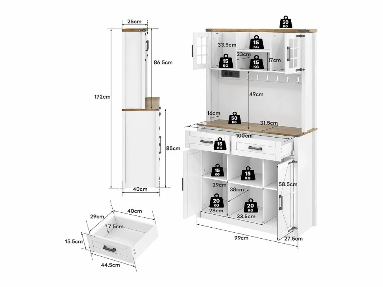 ModernLuxe Buffet de cocina 100×40×172 cm - con USB y enchufe - con LED - 4 puertas y 1 cajón - +natural