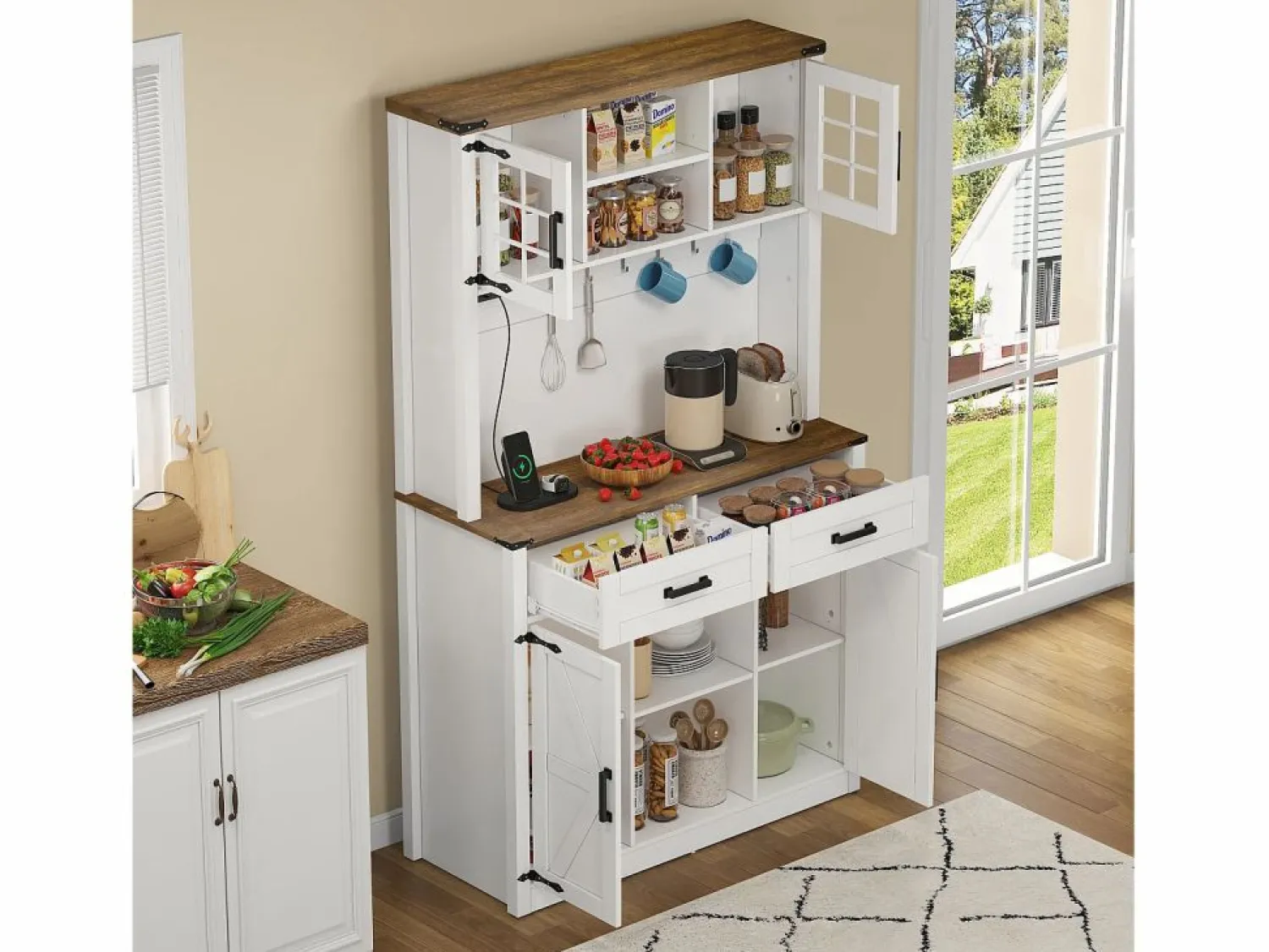 ModernLuxe Buffet de cocina 100×40×172 cm - con USB y enchufe - con LED - 4 puertas y 1 cajón - +natural