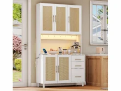 Online ModernLuxe Buffet de cocina 100×40×183 cm - con USB y enchufe - con LED - 5 puertas y 3 cajones - blanco+natural Color natural claro / Blanco