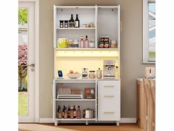Online ModernLuxe Buffet de cocina 100×40×183 cm - con USB y enchufe - con LED - 5 puertas y 3 cajones - blanco+natural Color natural claro / Blanco
