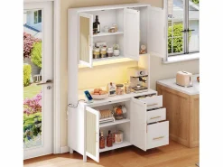 Online ModernLuxe Buffet de cocina 100×40×183 cm - con USB y enchufe - con LED - 5 puertas y 3 cajones - blanco+natural Color natural claro / Blanco