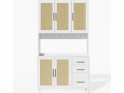Online ModernLuxe Buffet de cocina 100×40×183 cm - con USB y enchufe - con LED - 5 puertas y 3 cajones - blanco+natural Color natural claro / Blanco