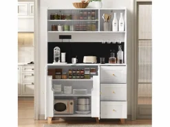Sale ModernLuxe Buffet de cocina moderno 120x40x184cm - con toma de corriente y portacopas de vino - con 3 cajones y 5 puertas - Blanco