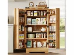 ModernLuxe Buffet de cocina moderno 60,5x40x120cm - con luz detector LED - con 2 puertas y un portaespecias - Natural