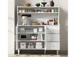 ModernLuxe Buffet de cocina moderno 120x40x138.5cm - con toma de corriente y portacopas de vino - con 3 cajones y 2 puertas - Blanco
