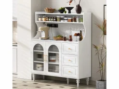 ModernLuxe Buffet de cocina moderno 120x40x138.5cm - con toma de corriente y portacopas de vino - con 3 cajones y 2 puertas - Blanco