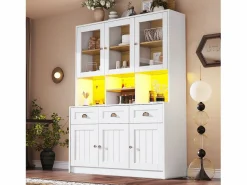 Online ModernLuxe Buffet de cocina moderno 140x40x175cm - 6 puertas + 3 cajones + 9 estantes - mueble alto - con iluminación LED - Blanco