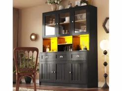 ModernLuxe Buffet de cocina moderno 140x40x175cm - 6 puertas + 3 cajones + 9 estantes - mueble alto - con iluminación LED -